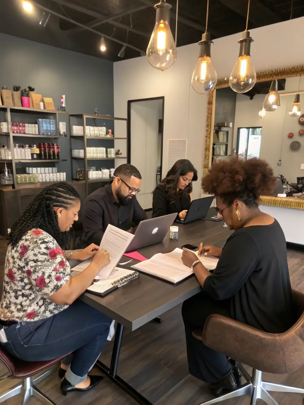 A group of salon owners attending a business development workshop at Inspire Salon Suites.
