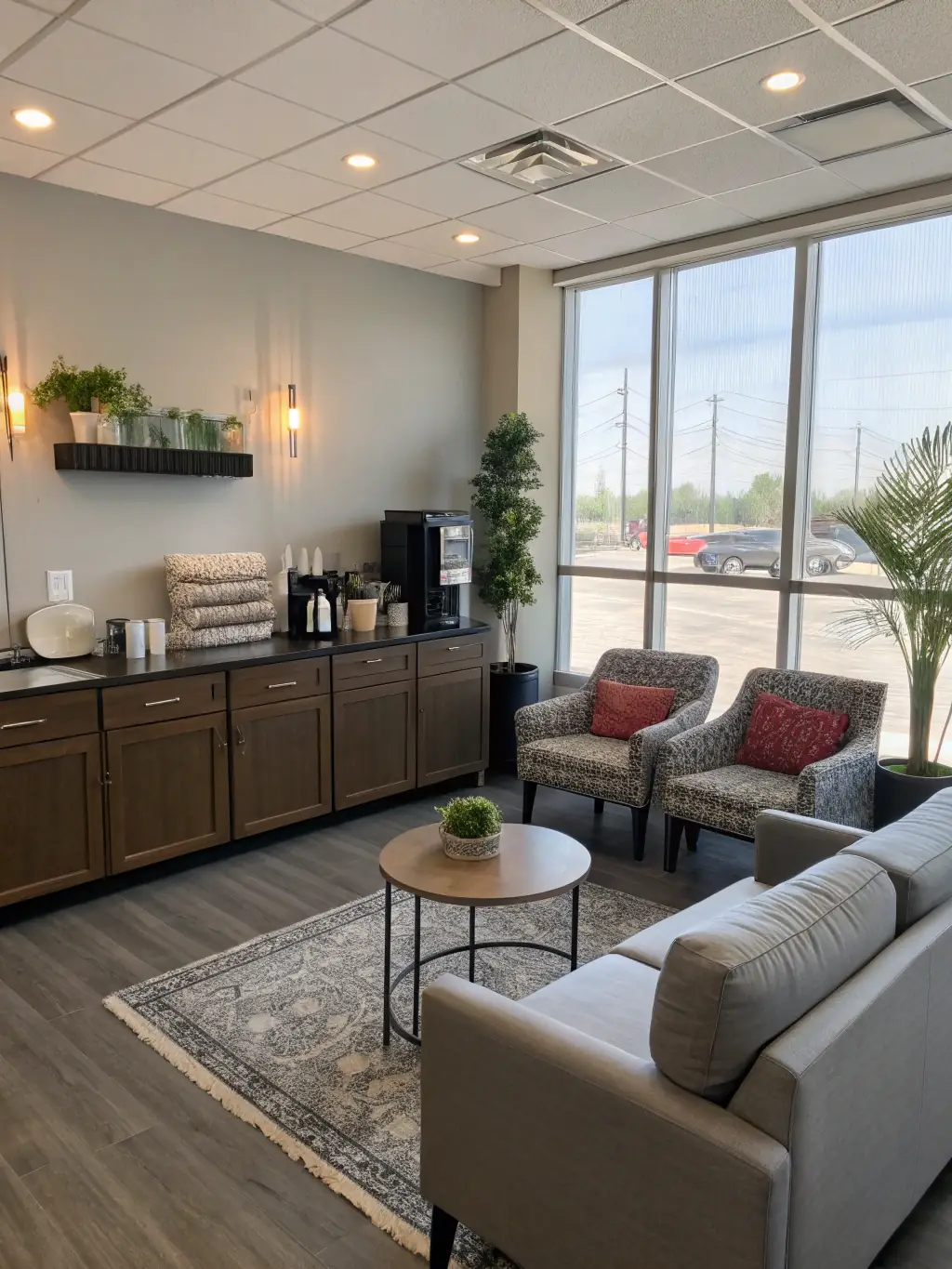 A modern and well-equipped break room at Inspire Salon Suites, providing a comfortable space for professionals to relax and recharge.