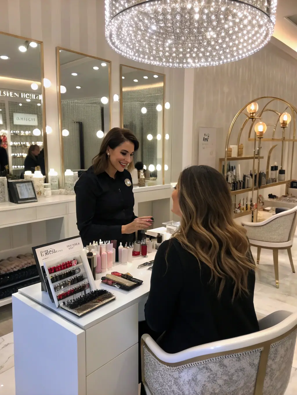 A beauty professional showcasing their work in a dedicated display area at Inspire Salon Suites, highlighting the opportunity for increased visibility.