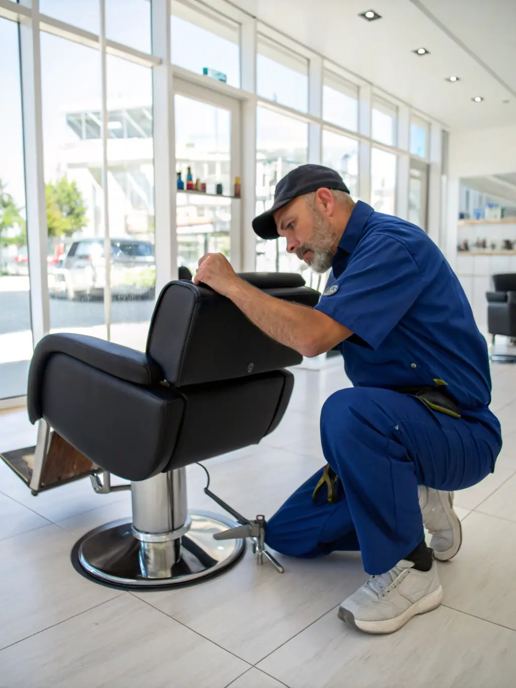 A maintenance worker fixing a styling chair in a salon suite, ensuring a comfortable and functional workspace.