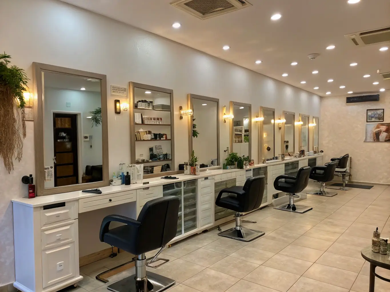A larger salon suite with multiple styling stations, showcasing its suitability for teams or expanding businesses.