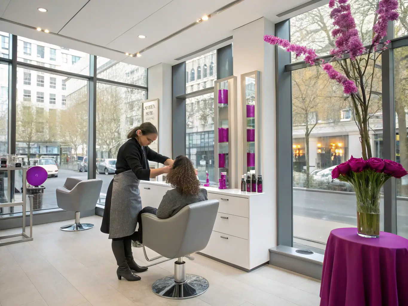 A modern, well-lit salon suite with a stylist working on a client's hair, showcasing the suite's spaciousness and professional atmosphere.