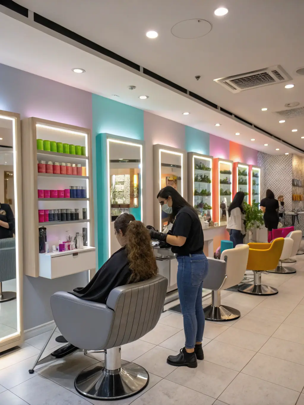 A modern salon suite with a large window, showcasing natural light, a stylist's chair, and a well-organized styling station, emphasizing the suite's spaciousness and professional setup.