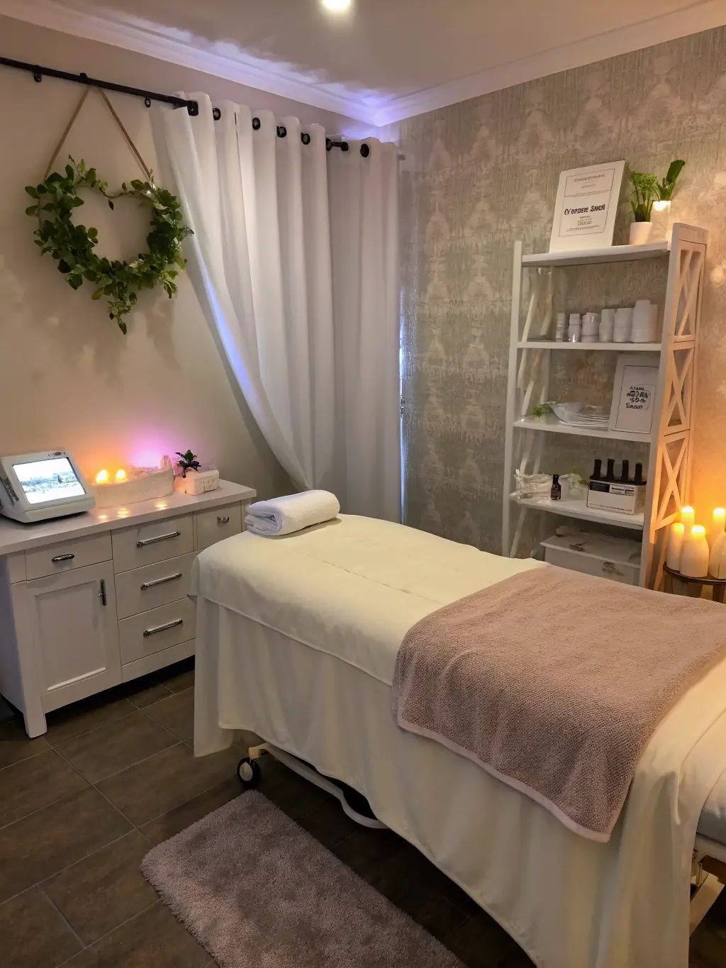 A cozy and well-lit esthetician suite featuring a facial bed, storage cabinets, and a sink, highlighting the suite's suitability for skincare services.