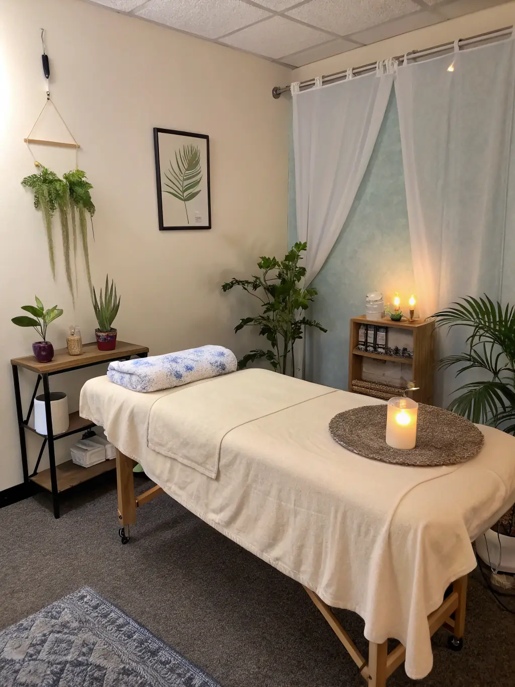 A massage therapy suite with soft lighting, a comfortable massage table, and calming decor, emphasizing the suite's relaxing and therapeutic atmosphere.